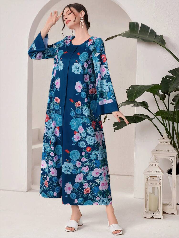 Women's Floral Printed Long Arabian Dress,Modest Full Length Jalabiya