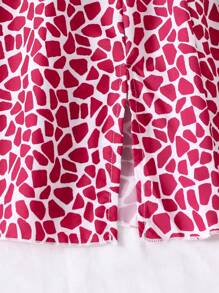 Teen Girl Solid Color Vest And Printed Knee-Length Skirt 2pcs/Set - Hot Pink - View 3