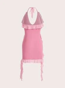 SHEIN ICON Y2k Summer Spring Outfits Two Pieces Sexy And Fashionable Halter Neck Bodycon Dress With Ruffles And Ribbon Ties - Pink - View 2