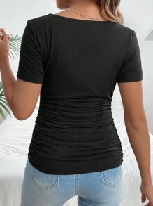 SHEIN Maternity Round Neck Short Sleeve T-Shirt - Black - View 4