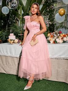 Glamaker Women'S One Shoulder Jacquard Mesh Dress - Pink - View 4