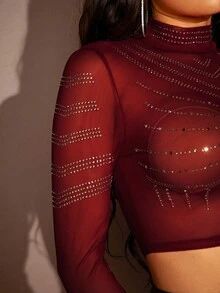 SHEIN SXY 網眼長袖短上衣,鑲有熱固性水晶的紋路 - 酒紅色 - 查看 5