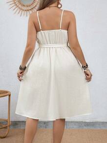 SHEIN Clasi Kích thước lớn Nút phía trước Thắt lưng Váy Dây - trắng - Xem 2