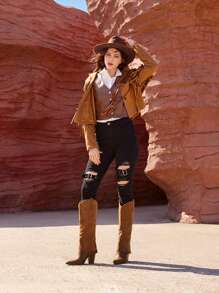 Styleloop 女士过膝靴，适合音乐节、圣诞节和万圣节穿着 - 棕色 - 查看 5