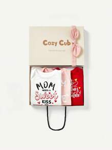 Baby Girl Gift Box Set: Letter Printed Round Neck Short-Sleeve Bodysuit With Bow Headband