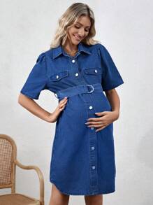 SHEIN Vestido De Mezclilla De Maternidad Con Botones De Solapa