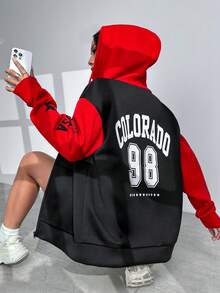 SHEIN Unity Color Block Long Hoodie With Letter Print, Zipper And Drawstring Design - Red - View 5