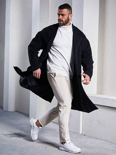 Manfinity Homme Men's Plus Size Trench Coat With Notched Collar, Tie And Belt