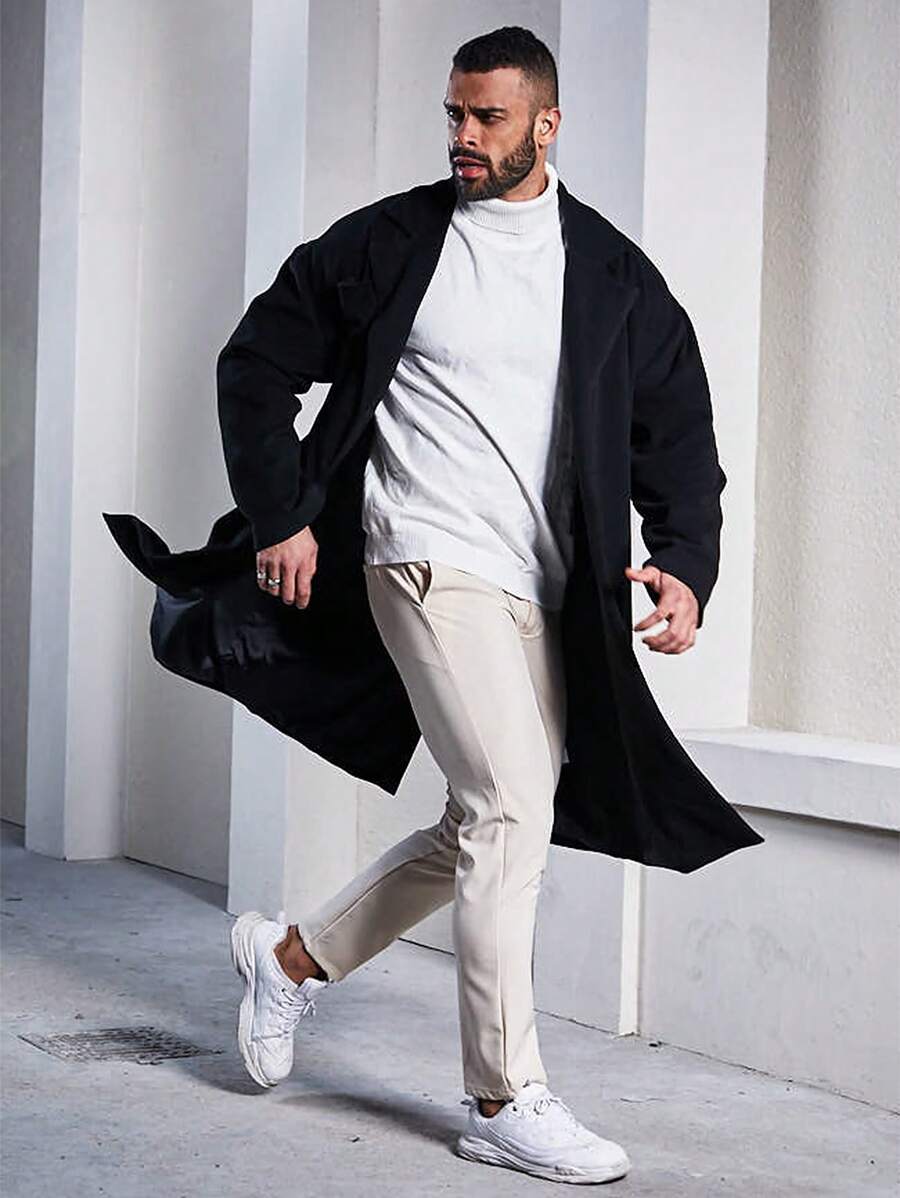 Manfinity Homme Men's Plus Size Trench Coat With Notched Collar, Tie And Belt - Black - View 1