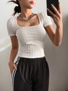 DAZY 高領紋理修身短袖t卹 - 白色 - 查看 6