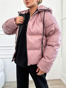 EURMUSE Women'S Solid Color Hooded Short Padded Jacket With Zipper - Baby Pink - View 3