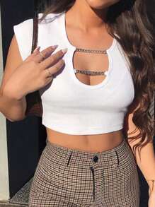 INAWLY 女款短袖t恤,鍊條裝飾,v型領口