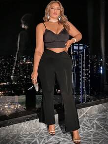 Celure 加大尺碼女士v型高腰喇叭褲 - 黑色 - 查看 5