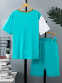 SHEIN 青少年男孩字母印花彩色拼接短袖t恤和短褲套裝 - 黑色 - 查看 2
