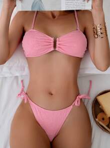 SHEIN Swim Solid Colored Ruffled Side Tied Swimwear Set Valentine Summer - Pink - View 4