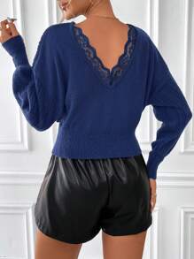 SHEIN Frenchy Lace Splicing Long Sleeve Sweater - Navy Blue - View 1