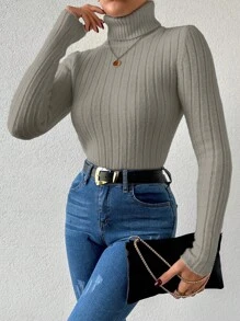 EURMUSE Women's High Neck Long Sleeve Pullover Sweater - Mocha Brown - View 5