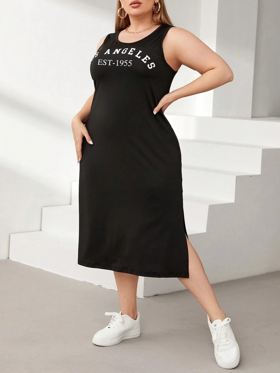 SHEIN Essnce 女式大尺碼黑色字母印花無袖開叉裙，適用於春夏 - 黑色 - 查看 1