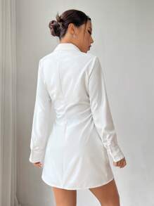 SHEIN EZwear Của phụ nữ Màu thuần Tay áo dài Váy sơ mi - trắng - Xem 2