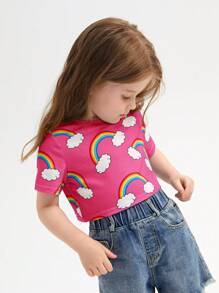 SHEIN Leap Crew Young Girl Comfortable And Lovely Rainbow & Cloud Print T-Shirt For Casual Wear - Hot Pink - View 3