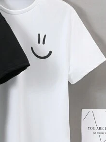 SHEIN Teen Boy's 2 Packs Face Print Crewneck T-Shirt, School, Campus, College - White - View 4