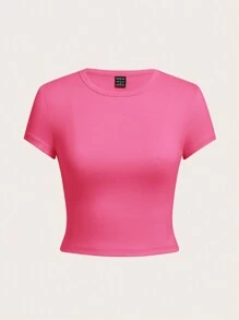 SHEIN EZwear 4 件装休闲女士纯色短款圆领短袖修身 T 恤，适合夏季