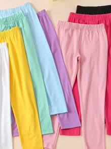 SHEIN 8pcs Young Girls' Simple Solid Color Stretchy High Waisted Long Leggings