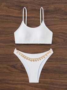 SHEIN Swim Ladies' Plain Bikini Set (Accessories Random) Music Festival Summer Beach - White - View 6