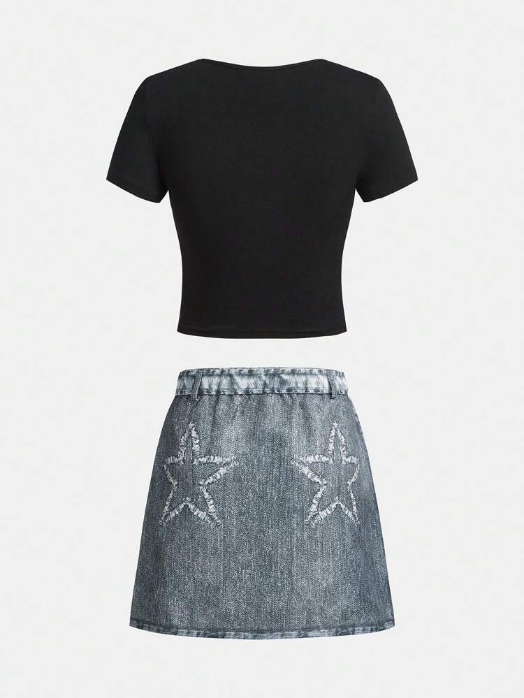Teen Girls' Letter Printed T-Shirt And Denim Effect Skirt Set
