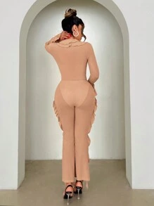 SHEIN SXY Women'S Peplum Off Shoulder Ruffle Trim Long Sleeve Bodysuit Birthday Outfit Spring Women Clothes Valentine Day Concert Outfits Date Night Outfit Summer Outfits - Orange - View 2