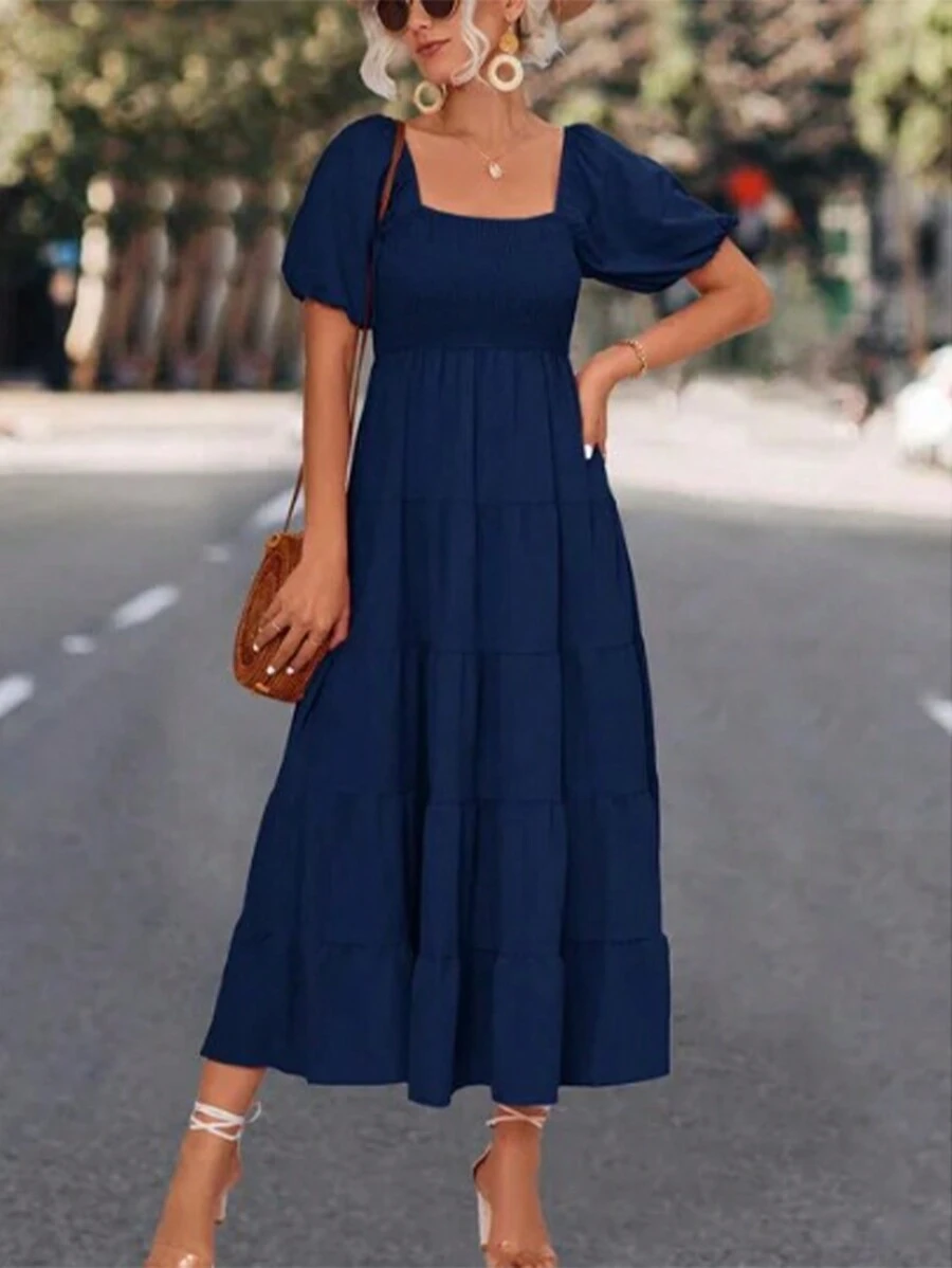Women's Square Collar Puff Sleeve Dress - Navy Blue - View 1