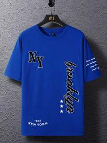 Manfinity Homme Men Letter Graphic Printed Short Sleeve T-Shirt, Boyfriend Gift, For Going Out - Blue - View 3