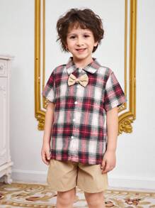 SHEIN 3 件套幼兒男孩時尚休閒格紋襯衫、背心和短褲套裝 - 彩色 - 查看 5