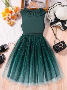青少女的荷葉邊包覆式網紗拼接洋裝 - 墨綠色 - 查看 2