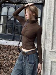 SHEIN EZwear This Week Turtleneck Long Sleeve T-shirt - Coffee Brown - View 3