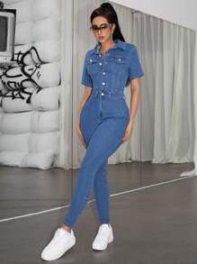 SHEIN PETITE Women's Short Sleeve Denim Jumpsuit Shirt - Blue - View 4