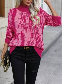 EMERY ROSE 女士印花高领针织套头衫秋冬毛衣 - 玫紅色 - 查看 1