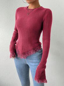 SHEIN LUNE Women's Plain Asymmetrical Hem Fringed Sweater