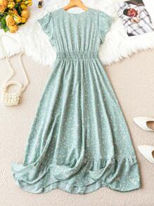 Breezaya 大码波西米亚风女式碎花荷叶边袖荷叶边下摆连衣裙，适合夏季 - 綠色 - 查看 2