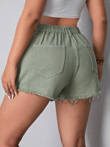 SHEIN EZwear Kích thước lớn Frayed Hem Tương phản Màu sắc Quần short Denim - Nhiều màu - Xem 2