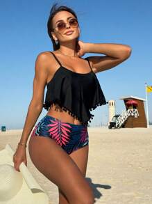 Swim Lushoire Summer Beach Women's Mono Color Tassel Hem Cami Bikini Set With Printed Underwear & Waistband Tankini Swimsuitswimwear For Ladies - Multicolor - View 3
