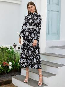 Seusyu Women's Floral Printed Stand Collar Long Sleeve Dress - Multicolor - View 6