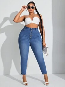 SHEIN SXY 大尺碼女性高彈性性感全配合身打底牛仔褲 - 藍色 - 查看 6