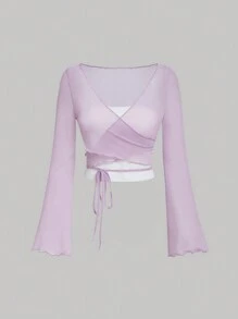 SHEIN MOD 女式薰衣草色交叉包裝透明網眼上衣,透視風格 - 淡紫色 - 查看 1