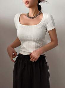 DAZY 高領紋理修身短袖t卹 - 白色 - 查看 7