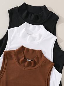 3pcs/Set Teen Girls' Ribbed Knitted Tank Tops - Multicolor - View 5