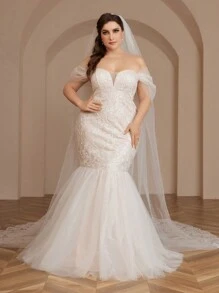 SHEIN Belle Vestido De Noiva Estilo Sereia Com Lantejoulas Barrocas Plus Size - Branco - Visão 4