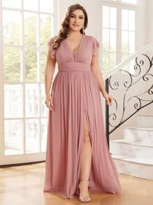 SHEIN Belle Kích thước lớn Váy phù dâu Với Cổ chữ V , Xếp li Eo Và Vắt Váy - Bụi hồng - Xem 5