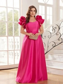 SHEIN Belle 大码女式玫瑰红缎面3D花朵装饰方领大A字摆连衣裙复古公主裙毕业礼服正式礼服优雅晚礼服舞会婚礼宾客礼服，适合晚餐、情人节等场合 - 玫紅色 - 查看 5