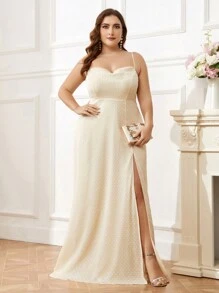 SHEIN Belle Kích thước lớn Thanh lịch Dây đeo Mì Ý  Áo cổ bò Dệt Xu hướng: Cắt giảm Hoa Cái nĩa cao A-line Váy phù dâu - Màu vàng - Xem 4